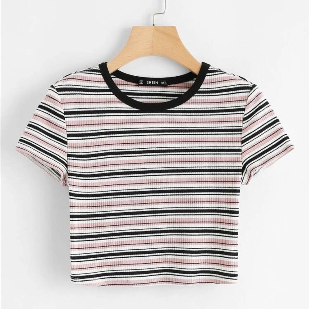 pink white and black striped crop top
